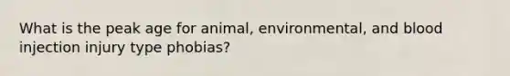 What is the peak age for animal, environmental, and blood injection injury type phobias?