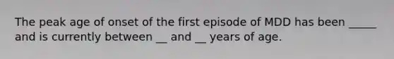 The peak age of onset of the first episode of MDD has been _____ and is currently between __ and __ years of age.