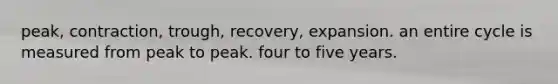 peak, contraction, trough, recovery, expansion. an entire cycle is measured from peak to peak. four to five years.