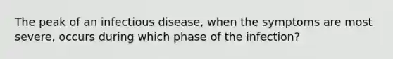 The peak of an infectious disease, when the symptoms are most severe, occurs during which phase of the infection?