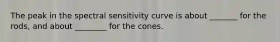 The peak in the spectral sensitivity curve is about _______ for the rods, and about ________ for the cones.