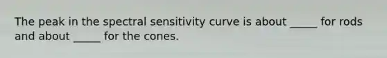 The peak in the spectral sensitivity curve is about _____ for rods and about _____ for the cones.