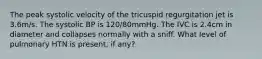 The peak systolic velocity of the tricuspid regurgitation jet is 3.6m/s. The systolic BP is 120/80mmHg. The IVC is 2.4cm in diameter and collapses normally with a sniff. What level of pulmonary HTN is present, if any?