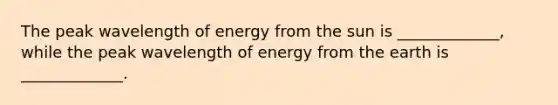 The peak wavelength of energy from the sun is _____________, while the peak wavelength of energy from the earth is _____________.