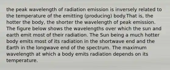 the peak wavelength of radiation emission is inversely related to the temperature of the emitting (producing) body.That is, the hotter the body, the shorter the wavelength of peak emission. The figure below shows the wavelengths over which the sun and earth emit most of their radiation. The Sun being a much hotter body emits most of its radiation in the shortwave end and the Earth in the longwave end of the spectrum. The maximum wavelength at which a body emits radiation depends on its temperature.