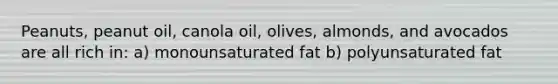 Peanuts, peanut oil, canola oil, olives, almonds, and avocados are all rich in: a) monounsaturated fat b) polyunsaturated fat