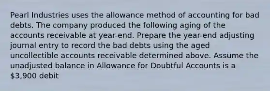 Pearl Industries uses the allowance method of accounting for bad debts. The company produced the following aging of the accounts receivable at year-end. Prepare the year-end adjusting journal entry to record the bad debts using the aged uncollectible accounts receivable determined above. Assume the unadjusted balance in Allowance for Doubtful Accounts is a 3,900 debit