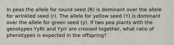 In peas the allele for round seed (R) is dominant over the allele for wrinkled seed (r). The allele for yellow seed (Y) is dominant over the allele for green seed (y). If two pea plants with the genotypes YyRr and Yyrr are crossed together, what ratio of phenotypes is expected in the offspring?