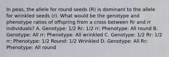 In peas, the allele for round seeds (R) is dominant to the allele for wrinkled seeds (r). What would be the genotype and phenotype ratios of offspring from a cross between Rr and rr individuals? A. Genotype: 1/2 Rr: 1/2 rr; Phenotype: All round B. Genotype: All rr; Phenotype: All wrinkled C. Genotype: 1/2 Rr: 1/2 rr; Phenotype: 1/2 Round: 1/2 Wrinkled D. Genotype: All Rr; Phenotype: All round