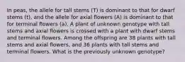 In peas, the allele for tall stems (T) is dominant to that for dwarf stems (t), and the allele for axial flowers (A) is dominant to that for terminal flowers (a). A plant of unknown genotype with tall stems and axial flowers is crossed with a plant with dwarf stems and terminal flowers. Among the offspring are 38 plants with tall stems and axial flowers, and 36 plants with tall stems and terminal flowers. What is the previously unknown genotype?