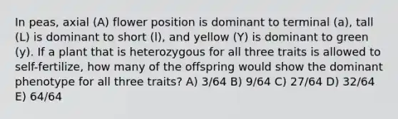 In peas, axial (A) flower position is dominant to terminal (a), tall (L) is dominant to short (l), and yellow (Y) is dominant to green (y). If a plant that is heterozygous for all three traits is allowed to self-fertilize, how many of the offspring would show the dominant phenotype for all three traits? A) 3/64 B) 9/64 C) 27/64 D) 32/64 E) 64/64