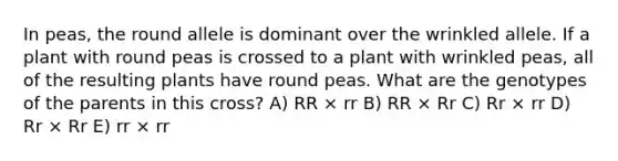 In peas, the round allele is dominant over the wrinkled allele. If a plant with round peas is crossed to a plant with wrinkled peas, all of the resulting plants have round peas. What are the genotypes of the parents in this cross? A) RR × rr B) RR × Rr C) Rr × rr D) Rr × Rr E) rr × rr