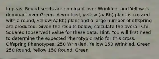 In peas, Round seeds are dominant over Wrinkled, and Yellow is dominant over Green. A wrinkled, yellow (aaBb) plant is crossed with a round, yellow(AaBb) plant and a large number of offspring are produced. Given the results below, calculate the overall Chi-Squared (observed) value for these data. Hint: You will first need to determine the expected Phenotypic ratio for this cross. Offspring Phenotypes: 250 Wrinkled, Yellow 150 Wrinkled, Green 250 Round, Yellow 150 Round, Green