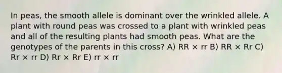 In peas, the smooth allele is dominant over the wrinkled allele. A plant with round peas was crossed to a plant with wrinkled peas and all of the resulting plants had smooth peas. What are the genotypes of the parents in this cross? A) RR × rr B) RR × Rr C) Rr × rr D) Rr × Rr E) rr × rr