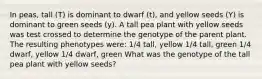 In peas, tall (T) is dominant to dwarf (t), and yellow seeds (Y) is dominant to green seeds (y). A tall pea plant with yellow seeds was test crossed to determine the genotype of the parent plant. The resulting phenotypes were: 1/4 tall, yellow 1/4 tall, green 1/4 dwarf, yellow 1/4 dwarf, green What was the genotype of the tall pea plant with yellow seeds?