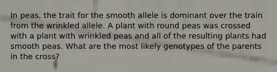 In peas, the trait for the smooth allele is dominant over the train from the wrinkled allele. A plant with round peas was crossed with a plant with wrinkled peas and all of the resulting plants had smooth peas. What are the most likely genotypes of the parents in the cross?