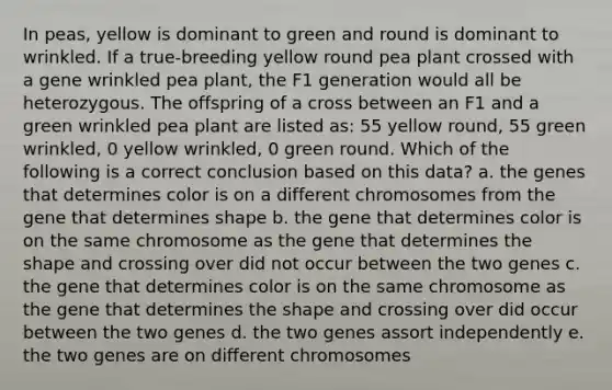 In peas, yellow is dominant to green and round is dominant to wrinkled. If a true-breeding yellow round pea plant crossed with a gene wrinkled pea plant, the F1 generation would all be heterozygous. The offspring of a cross between an F1 and a green wrinkled pea plant are listed as: 55 yellow round, 55 green wrinkled, 0 yellow wrinkled, 0 green round. Which of the following is a correct conclusion based on this data? a. the genes that determines color is on a different chromosomes from the gene that determines shape b. the gene that determines color is on the same chromosome as the gene that determines the shape and crossing over did not occur between the two genes c. the gene that determines color is on the same chromosome as the gene that determines the shape and crossing over did occur between the two genes d. the two genes assort independently e. the two genes are on different chromosomes