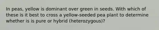 In peas, yellow is dominant over green in seeds. With which of these is it best to cross a yellow-seeded pea plant to determine whether is is pure or hybrid (heterozygous)?