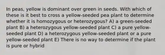 In peas, yellow is dominant over green in seeds. With which of these is it best to cross a yellow-seeded pea plant to determine whether it is homozygous or heterozygous? A) a green-seeded plant B) a heterozygous yellow-seeded plant C) a pure yellow-seeded plant D) a heterozygous yellow-seeded plant or a pure yellow-seeded plant E) There is no way to determine if the plant is pure or hybrid