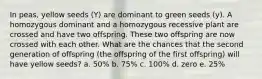In peas, yellow seeds (Y) are dominant to green seeds (y). A homozygous dominant and a homozygous recessive plant are crossed and have two offspring. These two offspring are now crossed with each other. What are the chances that the second generation of offspring (the offspring of the first offspring) will have yellow seeds? a. 50% b. 75% c. 100% d. zero e. 25%