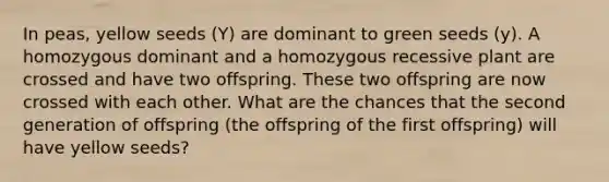 In peas, yellow seeds (Y) are dominant to green seeds (y). A homozygous dominant and a homozygous recessive plant are crossed and have two offspring. These two offspring are now crossed with each other. What are the chances that the second generation of offspring (the offspring of the first offspring) will have yellow seeds?