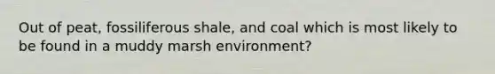 Out of peat, fossiliferous shale, and coal which is most likely to be found in a muddy marsh environment?