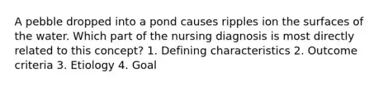 A pebble dropped into a pond causes ripples ion the surfaces of the water. Which part of the nursing diagnosis is most directly related to this concept? 1. Defining characteristics 2. Outcome criteria 3. Etiology 4. Goal