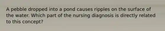 A pebble dropped into a pond causes ripples on the surface of the water. Which part of the nursing diagnosis is directly related to this concept?