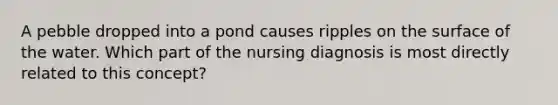 A pebble dropped into a pond causes ripples on the surface of the water. Which part of the nursing diagnosis is most directly related to this concept?