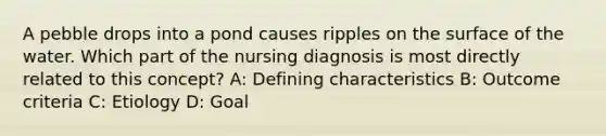 A pebble drops into a pond causes ripples on the surface of the water. Which part of the nursing diagnosis is most directly related to this concept? A: Defining characteristics B: Outcome criteria C: Etiology D: Goal