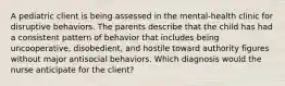 A pediatric client is being assessed in the mental-health clinic for disruptive behaviors. The parents describe that the child has had a consistent pattern of behavior that includes being uncooperative, disobedient, and hostile toward authority figures without major antisocial behaviors. Which diagnosis would the nurse anticipate for the client?