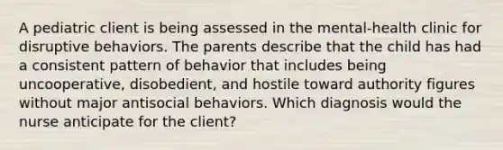 A pediatric client is being assessed in the mental-health clinic for disruptive behaviors. The parents describe that the child has had a consistent pattern of behavior that includes being uncooperative, disobedient, and hostile toward authority figures without major antisocial behaviors. Which diagnosis would the nurse anticipate for the client?