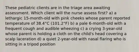 These pediatric clients are in the triage area awaiting assessment. Which client will the nurse assess first? a) a lethargic 15-month-old with pink cheeks whose parent reported temperature of 38.4°C (101.2°F) b) a pale 6-month-old with a frequent cough and audible wheezing c) a crying 3-year-old whose parent is holding a cloth on the child's head covering a scalp laceration d) a quiet 2-year-old with nasal flaring who is sitting in a tripod position