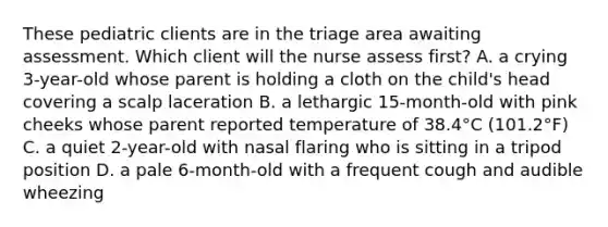 These pediatric clients are in the triage area awaiting assessment. Which client will the nurse assess first? A. a crying 3-year-old whose parent is holding a cloth on the child's head covering a scalp laceration B. a lethargic 15-month-old with pink cheeks whose parent reported temperature of 38.4°C (101.2°F) C. a quiet 2-year-old with nasal flaring who is sitting in a tripod position D. a pale 6-month-old with a frequent cough and audible wheezing