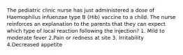 The pediatric clinic nurse has just administered a dose of Haemophilus infuenzae type B (Hib) vaccine to a child. The nurse reinforces an explanation to the parents that they can expect which type of local reaction following the injection? 1. Mild to moderate fever 2.Pain or redness at site 3. Irritability 4.Decreased appetite