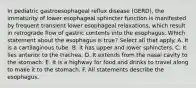 In pediatric gastroesophageal reflux disease (GERD), the immaturity of lower esophageal sphincter function is manifested by frequent transient lower esophageal relaxations, which result in retrograde flow of gastric contents into the esophagus. Which statement about the esophagus is true? Select all that apply. A. It is a cartilaginous tube. B. It has upper and lower sphincters. C. It lies anterior to the trachea. D. It extends from the nasal cavity to the stomach. E. It is a highway for food and drinks to travel along to make it to the stomach. F. All statements describe the esophagus.