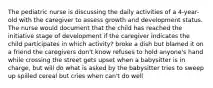 The pediatric nurse is discussing the daily activities of a 4-year-old with the caregiver to assess growth and development status. The nurse would document that the child has reached the initiative stage of development if the caregiver indicates the child participates in which activity? broke a dish but blamed it on a friend the caregivers don't know refuses to hold anyone's hand while crossing the street gets upset when a babysitter is in charge, but will do what is asked by the babysitter tries to sweep up spilled cereal but cries when can't do well