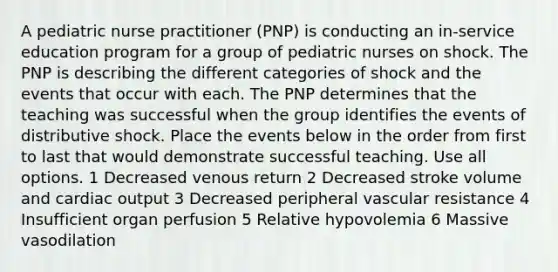 A pediatric nurse practitioner (PNP) is conducting an in-service education program for a group of pediatric nurses on shock. The PNP is describing the different categories of shock and the events that occur with each. The PNP determines that the teaching was successful when the group identifies the events of distributive shock. Place the events below in the order from first to last that would demonstrate successful teaching. Use all options. 1 Decreased venous return 2 Decreased stroke volume and cardiac output 3 Decreased peripheral vascular resistance 4 Insufficient organ perfusion 5 Relative hypovolemia 6 Massive vasodilation