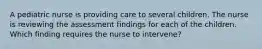 A pediatric nurse is providing care to several children. The nurse is reviewing the assessment findings for each of the children. Which finding requires the nurse to intervene?