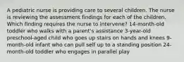 A pediatric nurse is providing care to several children. The nurse is reviewing the assessment findings for each of the children. Which finding requires the nurse to intervene? 14-month-old toddler who walks with a parent's assistance 3-year-old preschool-aged child who goes up stairs on hands and knees 9-month-old infant who can pull self up to a standing position 24-month-old toddler who engages in parallel play