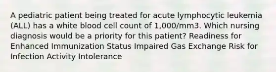 A pediatric patient being treated for acute lymphocytic leukemia (ALL) has a white blood cell count of 1,000/mm3. Which nursing diagnosis would be a priority for this patient? Readiness for Enhanced Immunization Status Impaired Gas Exchange Risk for Infection Activity Intolerance