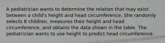 A pediatrician wants to determine the relation that may exist between a​ child's height and head circumference. She randomly selects 8​ children, measures their height and head​ circumference, and obtains the data shown in the table. The pediatrician wants to use height to predict head circumference.