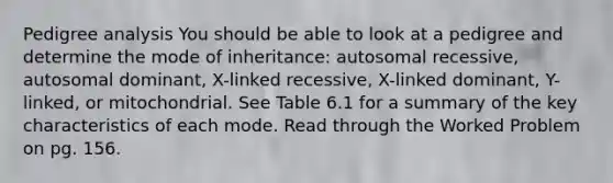 Pedigree analysis You should be able to look at a pedigree and determine the mode of inheritance: autosomal recessive, autosomal dominant, X-linked recessive, X-linked dominant, Y-linked, or mitochondrial. See Table 6.1 for a summary of the key characteristics of each mode. Read through the Worked Problem on pg. 156.