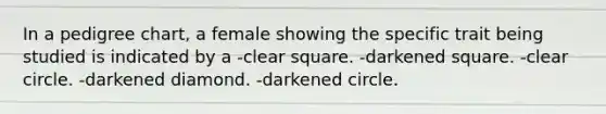 In a pedigree chart, a female showing the specific trait being studied is indicated by a -clear square. -darkened square. -clear circle. -darkened diamond. -darkened circle.