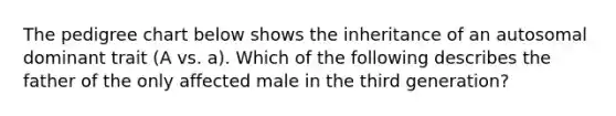 The pedigree chart below shows the inheritance of an autosomal dominant trait (A vs. a). Which of the following describes the father of the only affected male in the third generation?