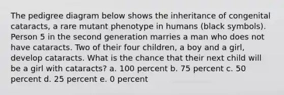 The pedigree diagram below shows the inheritance of congenital cataracts, a rare mutant phenotype in humans (black symbols). Person 5 in the second generation marries a man who does not have cataracts. Two of their four children, a boy and a girl, develop cataracts. What is the chance that their next child will be a girl with cataracts? a. 100 percent b. 75 percent c. 50 percent d. 25 percent e. 0 percent