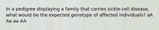 In a pedigree displaying a family that carries sickle-cell disease, what would be the expected genotype of affected individuals? aA Aa aa AA