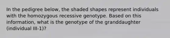 In the pedigree below, the shaded shapes represent individuals with the homozygous recessive genotype. Based on this information, what is the genotype of the granddaughter (individual III-1)?