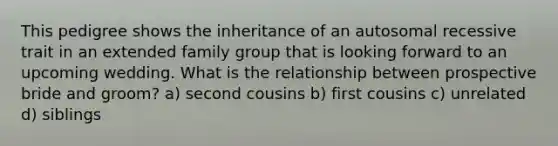 This pedigree shows the inheritance of an autosomal recessive trait in an extended family group that is looking forward to an upcoming wedding. What is the relationship between prospective bride and groom? a) second cousins b) first cousins c) unrelated d) siblings