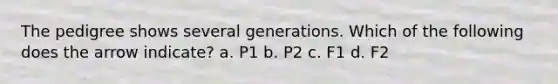 The pedigree shows several generations. Which of the following does the arrow indicate? a. P1 b. P2 c. F1 d. F2